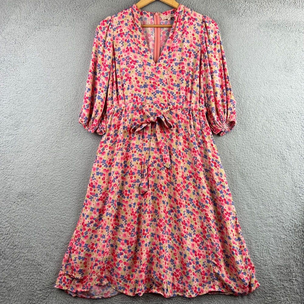 byTiMo Pink Floral V-Neck Puff Sleeve Midi Dress Small Viscose Ditsy Print